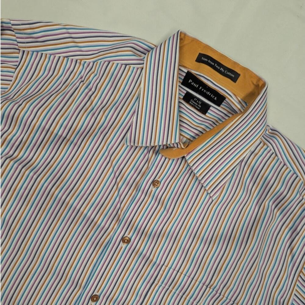 Paul Fredrick Shirt Mens 17x32 Purple Orange Blue Stripe Cotton Classic Fit